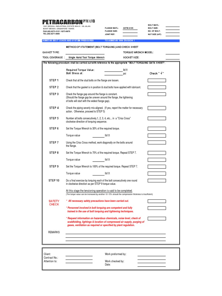Bolt Torquing Procedure and Safety Check Sheet for Flange Joint ...