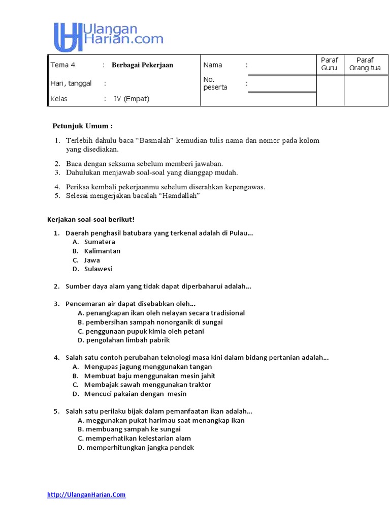 Download soal tematik kelas 4 tema 4 berbagai pekerjaan