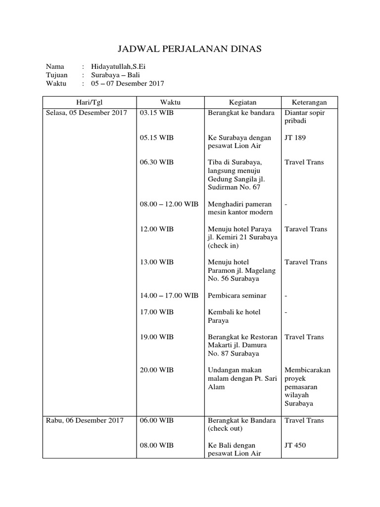Jadwal Perjalanan Dinas