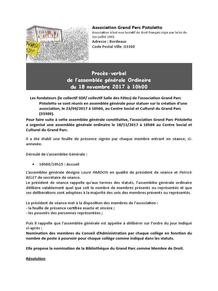 Procès-verbal Assemblée Générale Constitutive Association Loi 1901 Gratuit