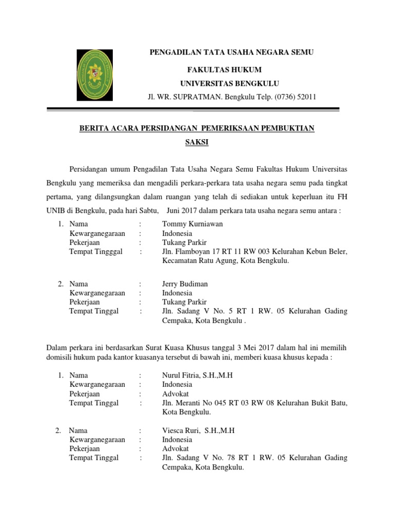 Berita Acara Pemeriksaan Saksi Kepala Cabang Saimen