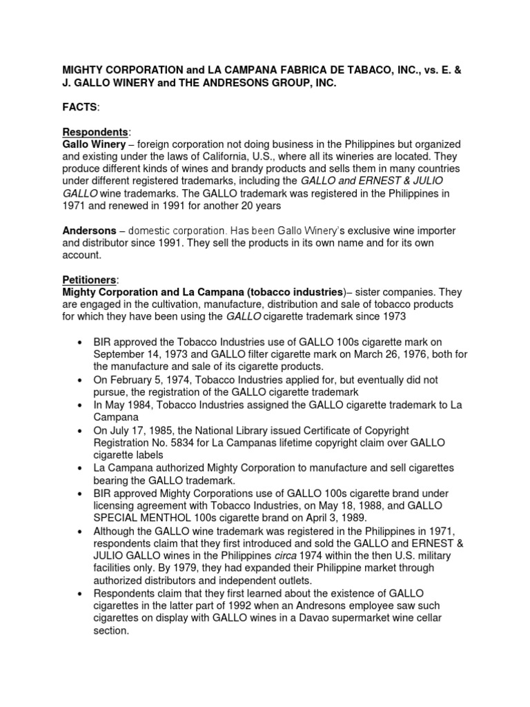 1 Mighty Corporation V Ej Gallo Winery Trademark Government