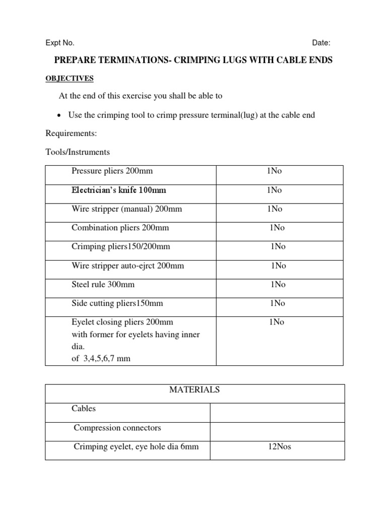 Prepare Terminations-Crimping Lugs With Cable Ends: Objectives | PDF ...