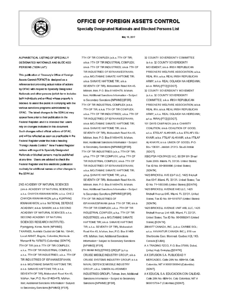 Office of Foreign Assets Control Specially Designated Nationals and