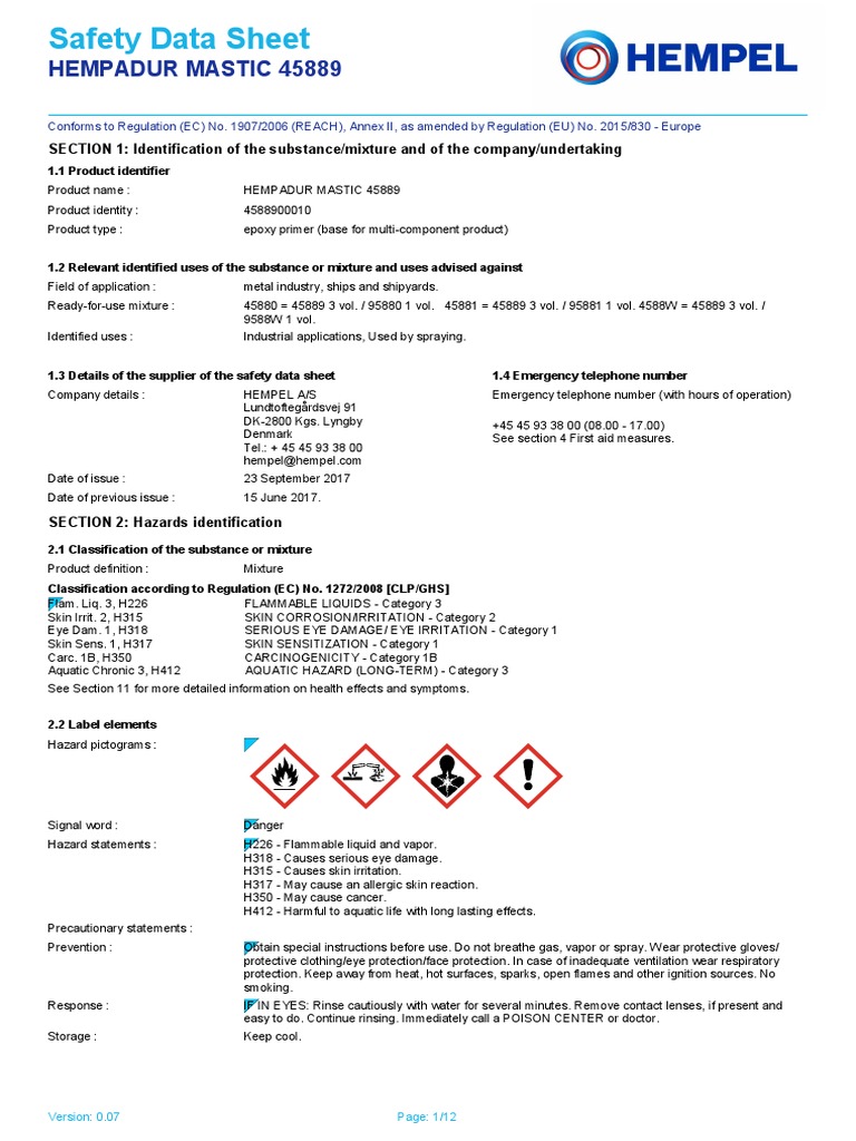 Safety Data Sheet Hempadur Mastic 45889 PDF Personal Protective Equipment Fires