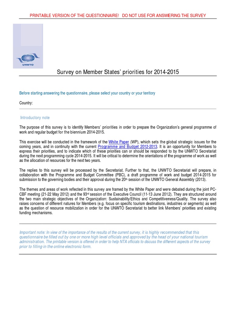 2014 2015 Printable Questionnaire 1 | PDF | Capacity Building | Tourism