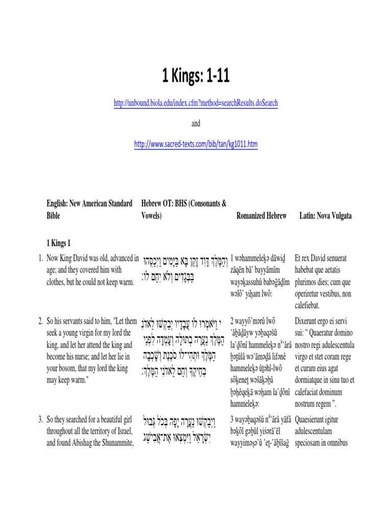 1 Kings 1 2 English Hebrew Greek Latin Transliteration Line