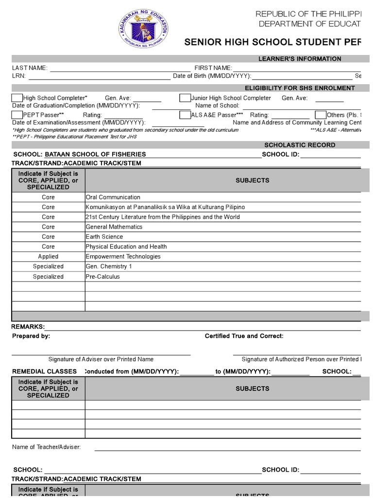 Grade 12 STEM Form 137 Overview | PDF | Science, Technology ...