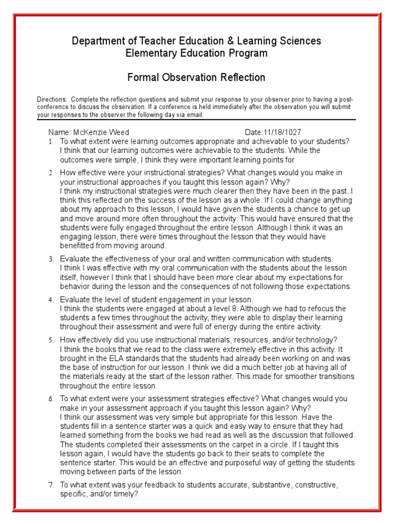 Teacher Observation Reflection Guide | PDF | Classroom Management ...