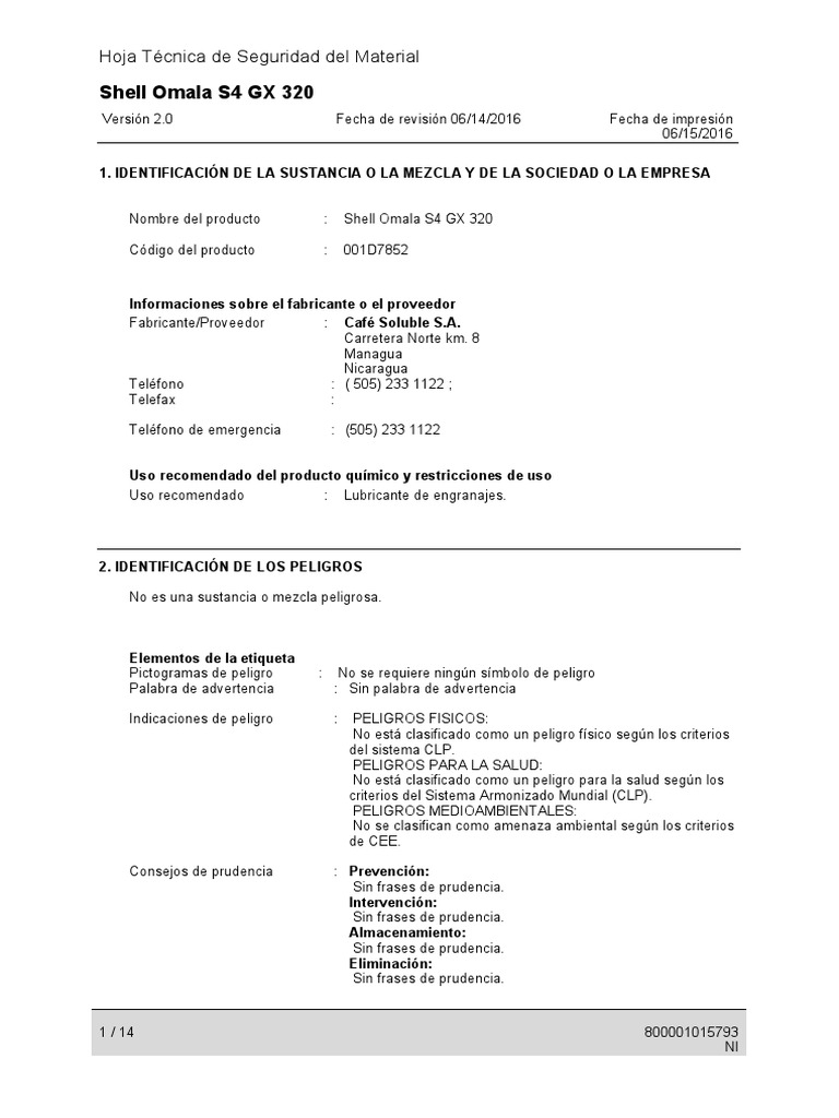 Hoja de Seguridad Shell Omala S4 GX 320 | PDF | Contaminación | Toxicidad