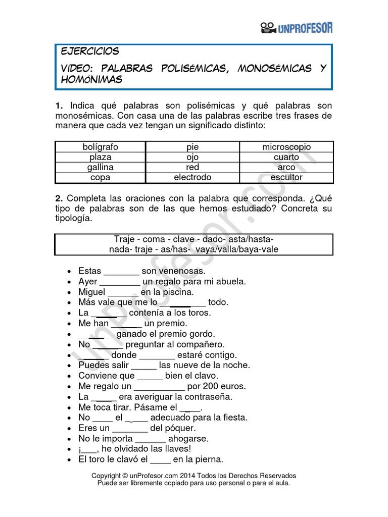 Ejercicio Palabras Polisemicas Monosemicas y Homonimas 261