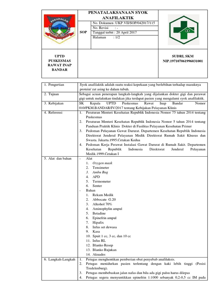 Sop Penatalaksanaan Syok Anafilaktik