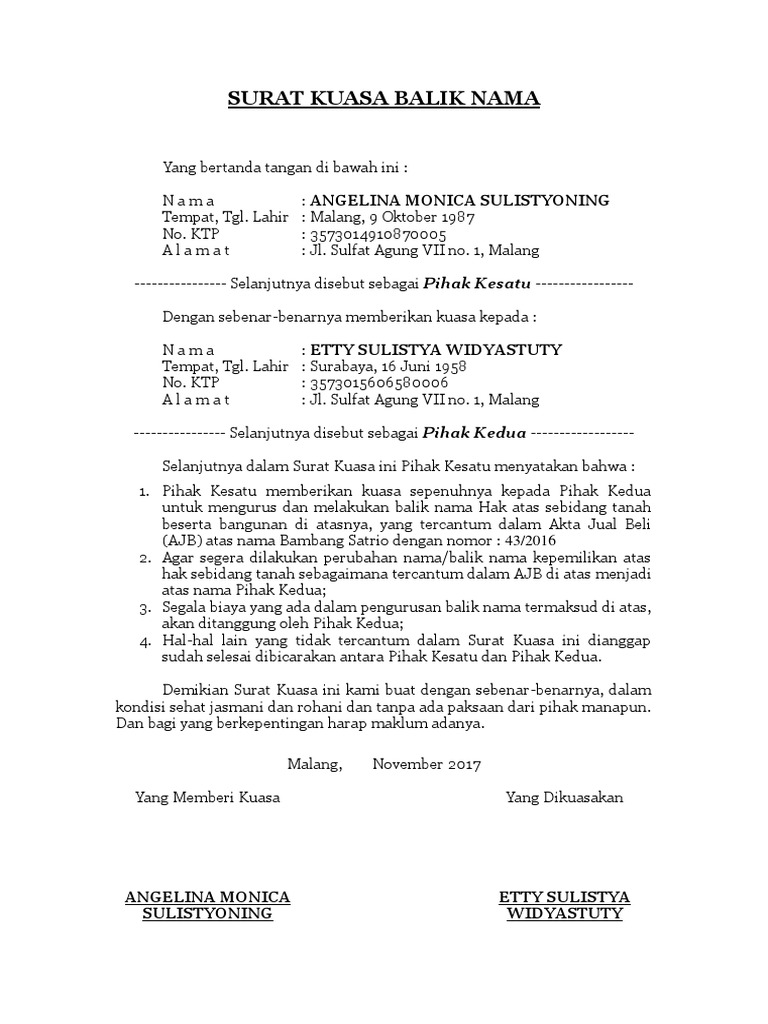 Surat Kuasa Balik Nama Biaya Balik Nama Sertifikat Tanah Rumah.