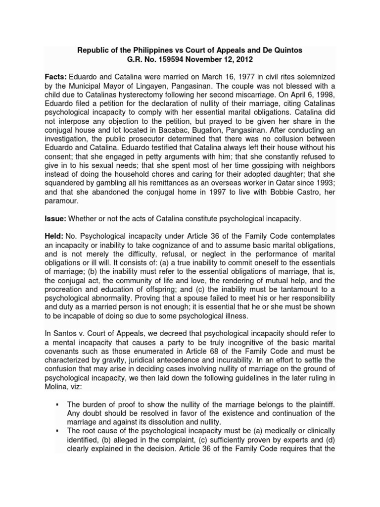 Psychological Incapacity in Marriage Nullity | PDF | Marriage | Burden ...