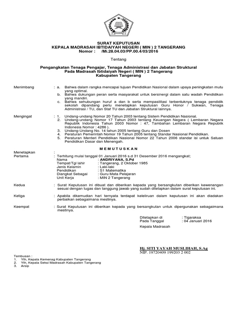 Contoh SK pengangkatan Madrasah