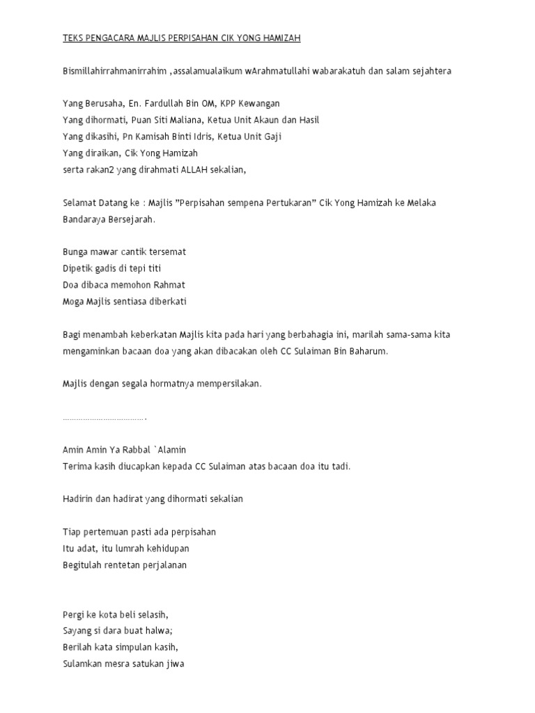 Teks Pengacaraan Majlis Perpisahan Download Documents