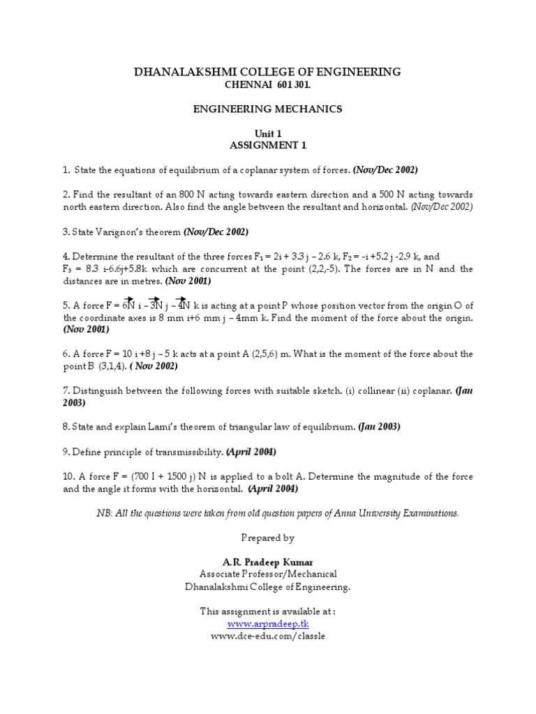 Engineering Mechanics Assignment 1 | PDF | Science & Mathematics