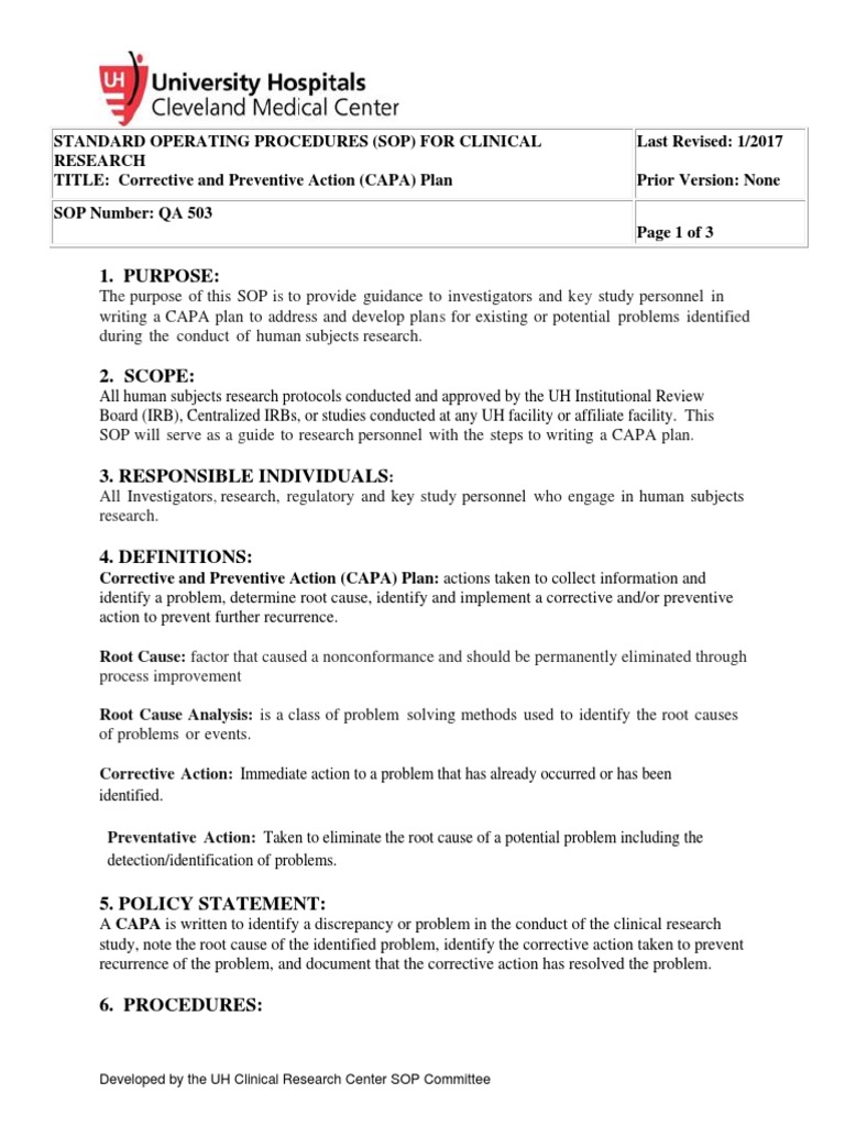 capa-sop | Institutional Review Board | Quality