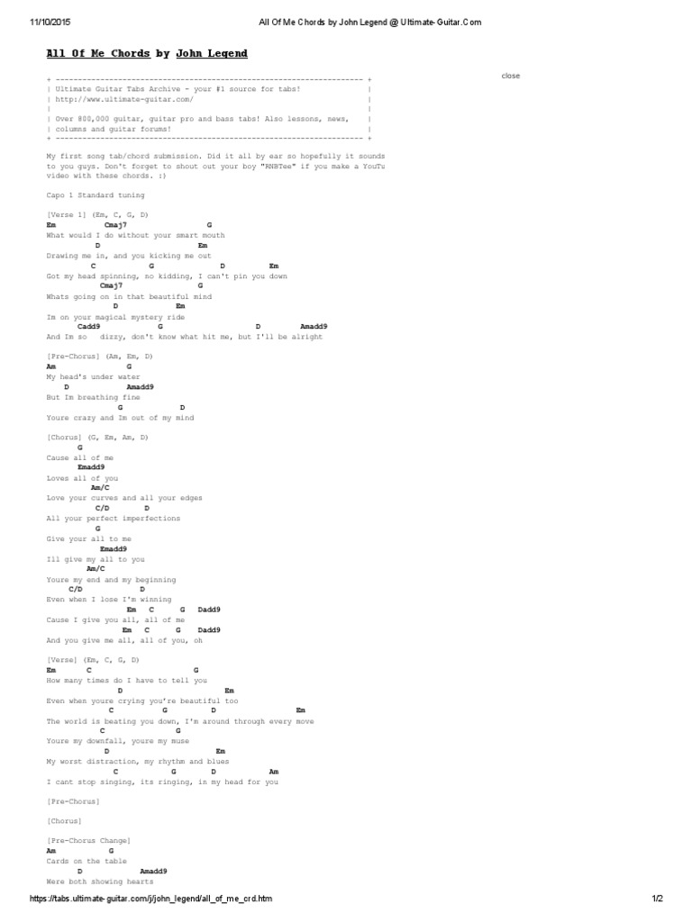 All of Me Chords by John Legend Guitars Recorded Music