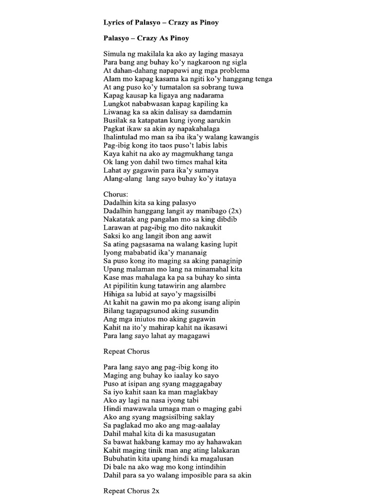 Palasyo Crazy As Pinoy Lyrics 1 Pdf