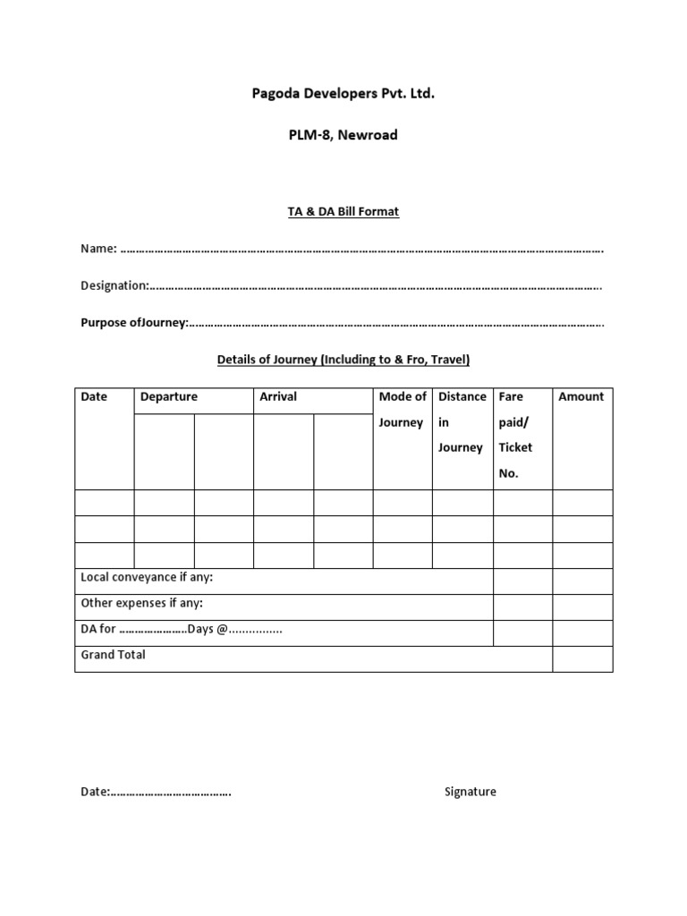 TA & DA Bill Format Template | PDF