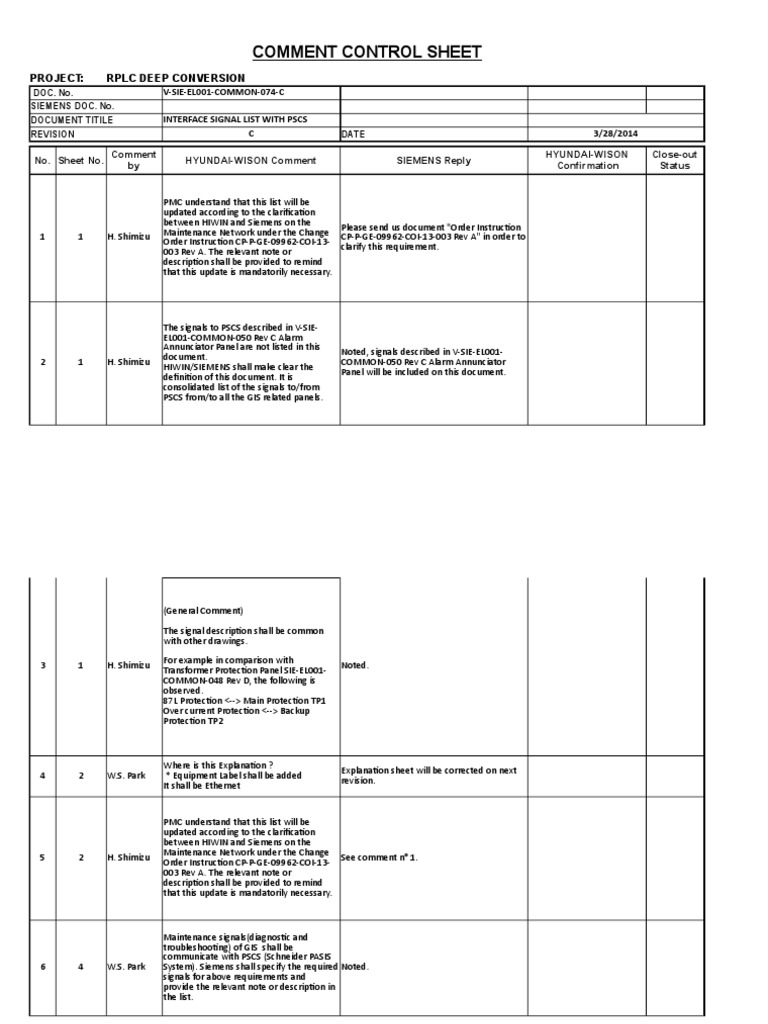 Comment Control Sheet V SIE EL001 COMMON 074 - C | PDF | Electrical ...