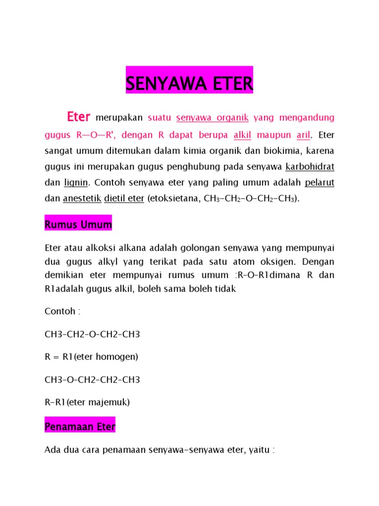 Dietil Eter Adalah Senyawa Organik Yang Mempunyai Sifat  