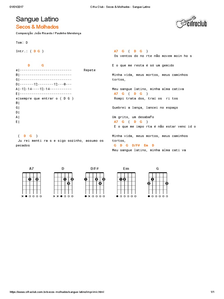 Sangue Latino: Letra e cifra da música de Secos & Molhados | PDF