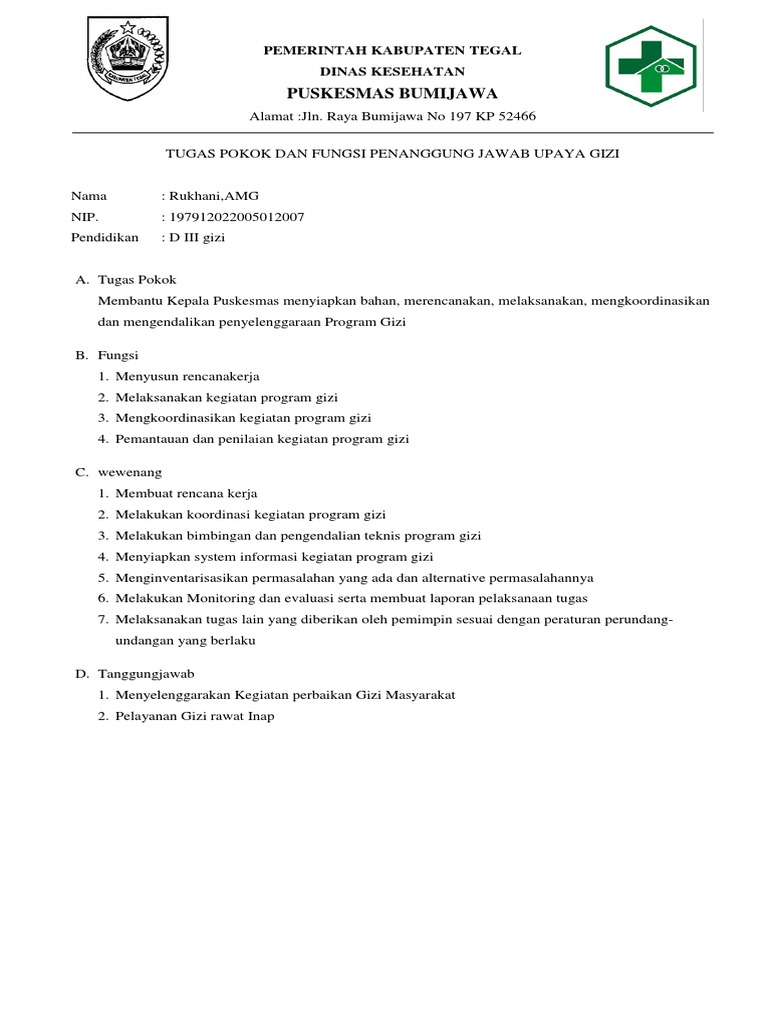 Tugas Tanggung Jawab Gizi Puskesmas Bakul Soal