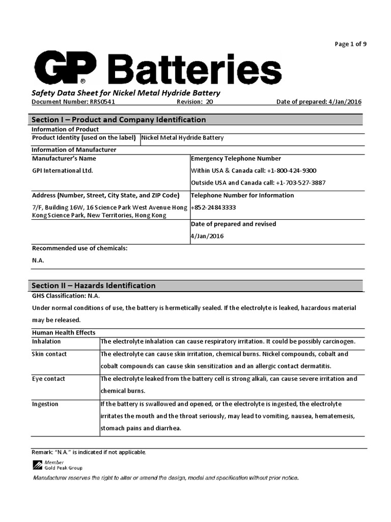 GP Msds NiMh PDF Dangerous Goods Battery (Electricity)
