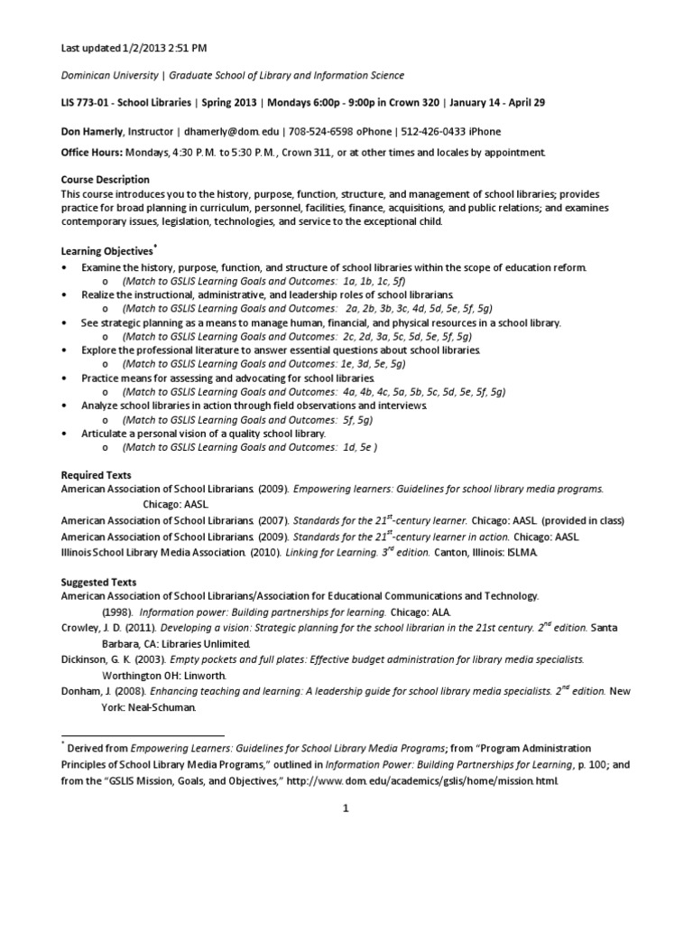 School Libraries Course Overview 2013 | PDF | School Library | Librarian