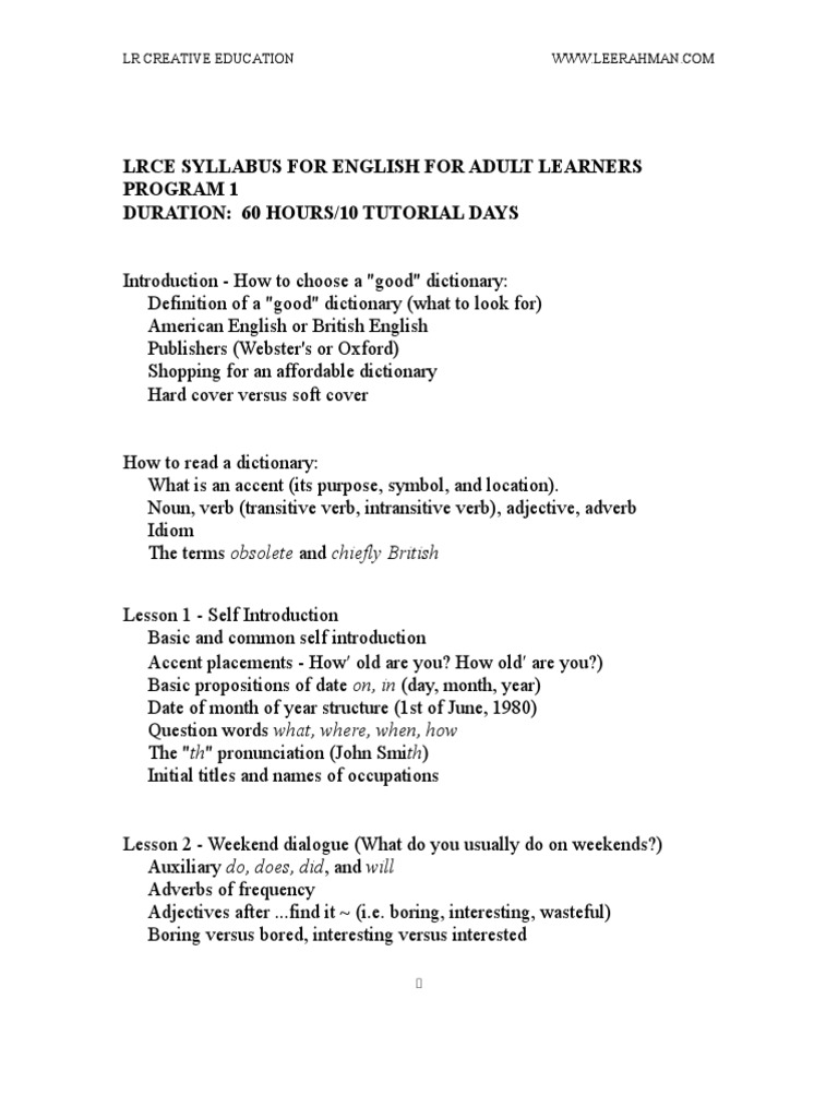 ESL Syllabus for Adult Learners | PDF | Verb | Humanities Education
