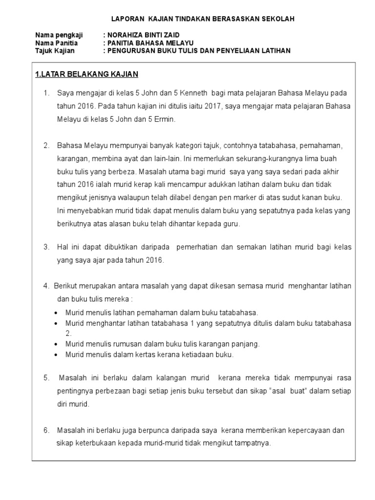 Laporan Pelaksanaan Kajian Tindakan Berasaskan Sekolah Pemskbahagia Liza Pdf