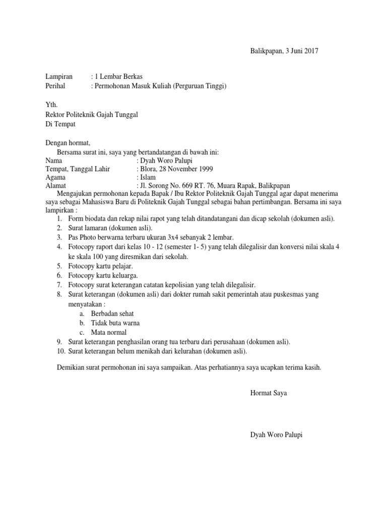 Contoh Surat Lamaran Kuliah Politeknik Gajah Tunggal