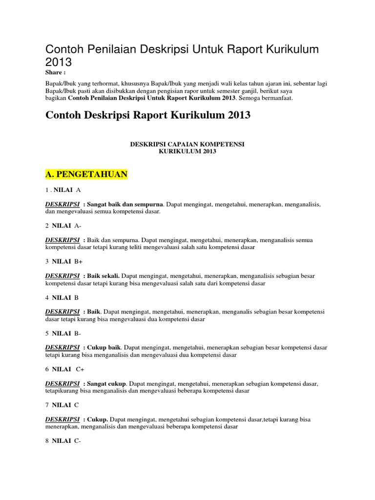 Contoh Penilaian Deskripsi Untuk Raport Kurikulum 2013