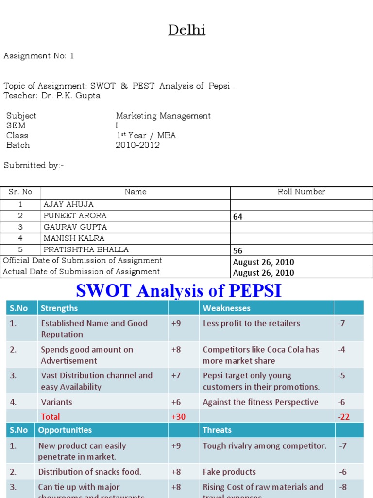 Pepsi SWOT and PEST Analysis Report | PDF | Pepsi Co | Swot Analysis