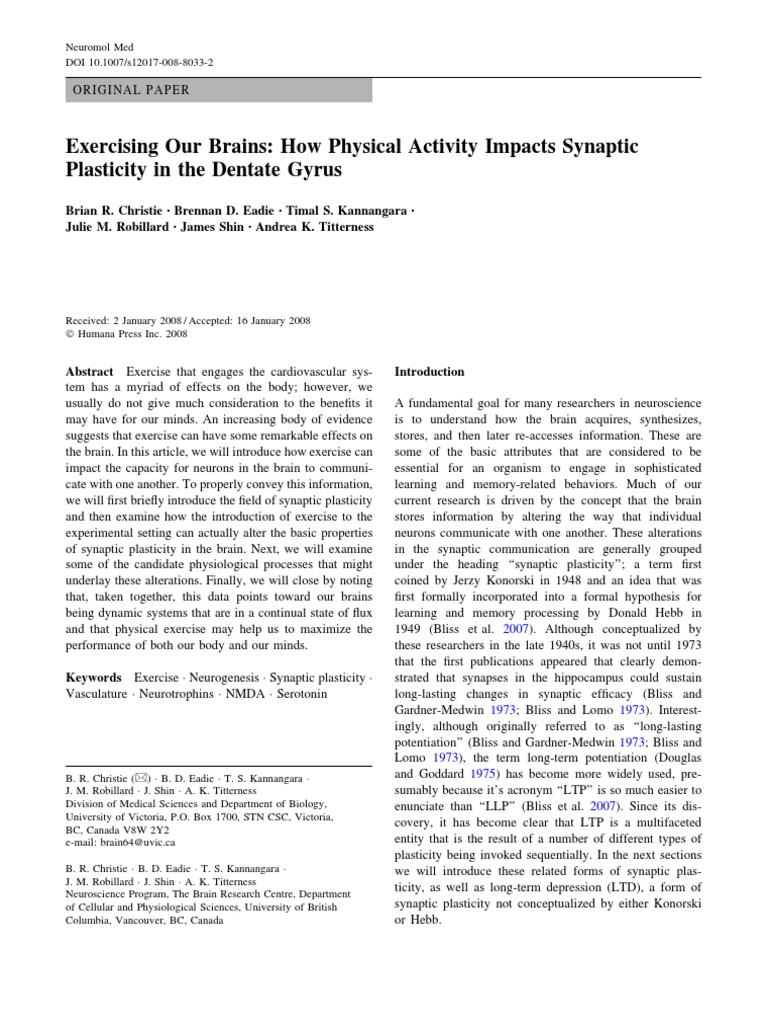 Exercise and Brain Synaptic Plasticity | PDF | Long Term Potentiation ...