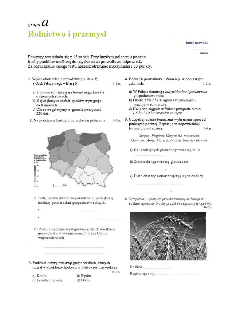 Rolnictwo I Przemysł Polski Sprawdzian Klasa 7 Nowa Era Geografia Rolnictwo i Przemysl