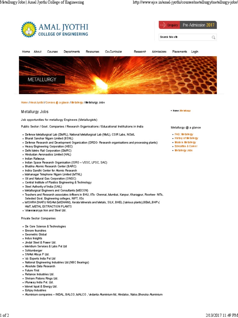 Metallurgy Jobs Amal Jyothi College of Engineering PDF Metallurgy