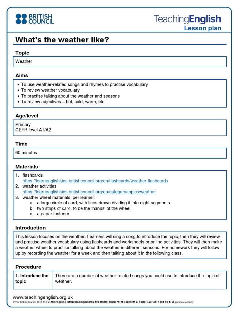 Teaching Kids Whats The Weather Like Lesson Plan | PDF | Lesson Plan |  Learning