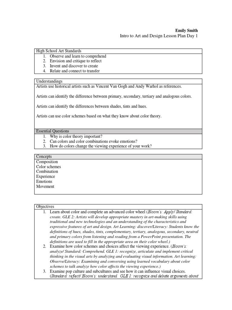 Intro To Art and Design Lesson Plan Day 1: Emily Smith | PDF | Color ...