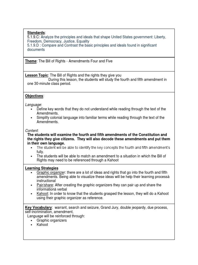 siop lesson plan United States Bill Of Rights Fourth Amendment To