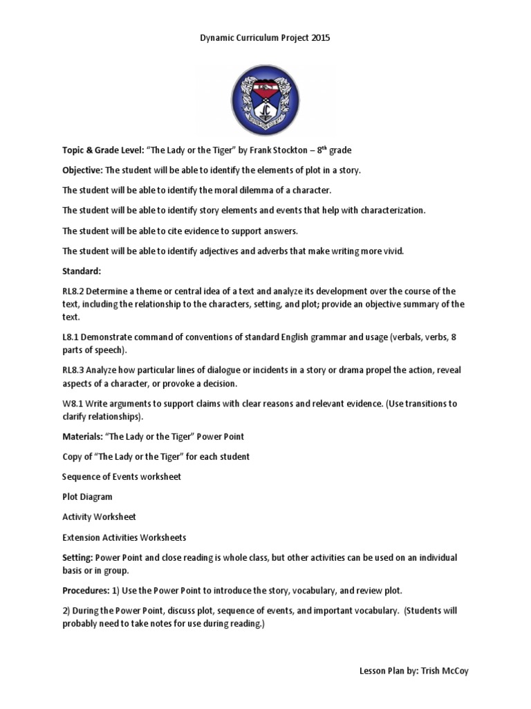 The Lady or the Tiger Lesson Plan | English Grammar | Cognitive Science