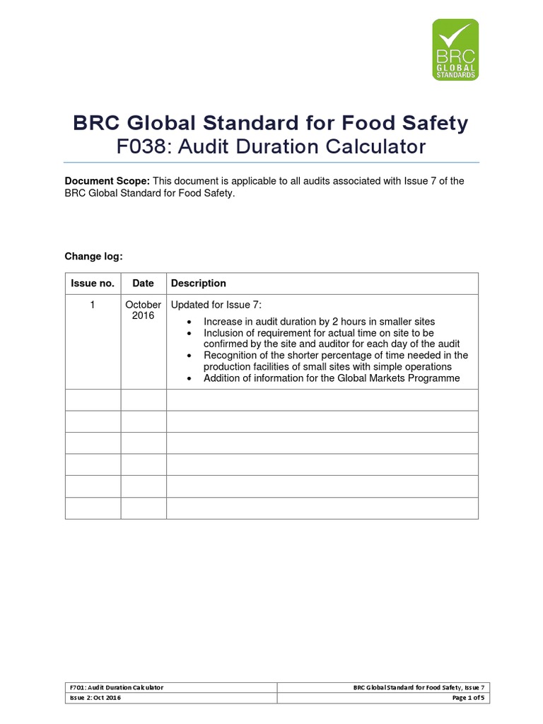 BRC Audit Duration Calculator Guide | PDF | Hazard Analysis And ...
