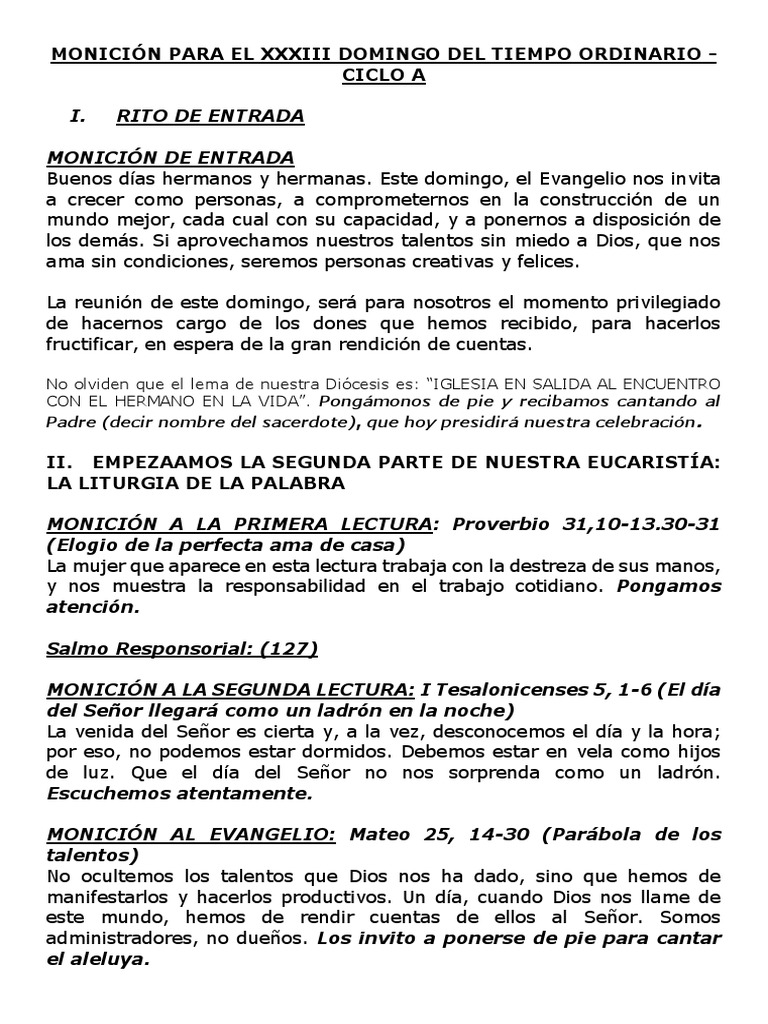 Monición para El Xxxiii Domingo Del Tiempo Ordinario Ciclo A PDF