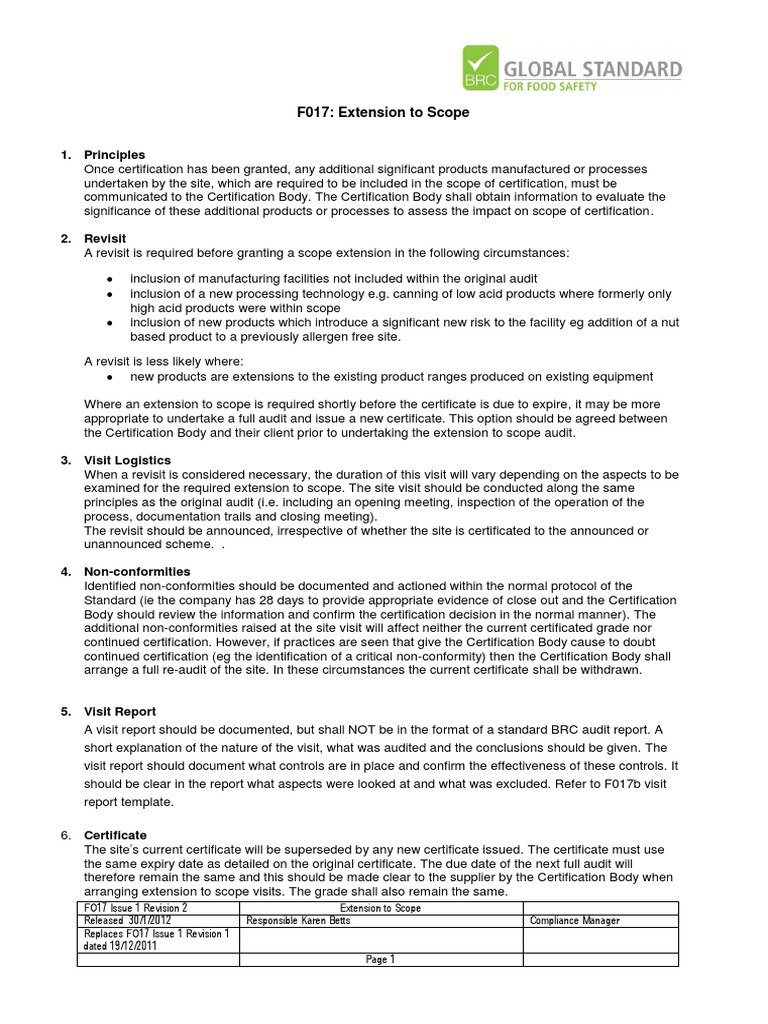 BRC Certification Scope Extension Guide | PDF | Audit | Business