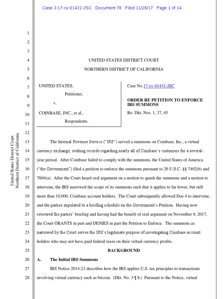 Coinbase & IRS | PDF | Internal Revenue Service | Summons