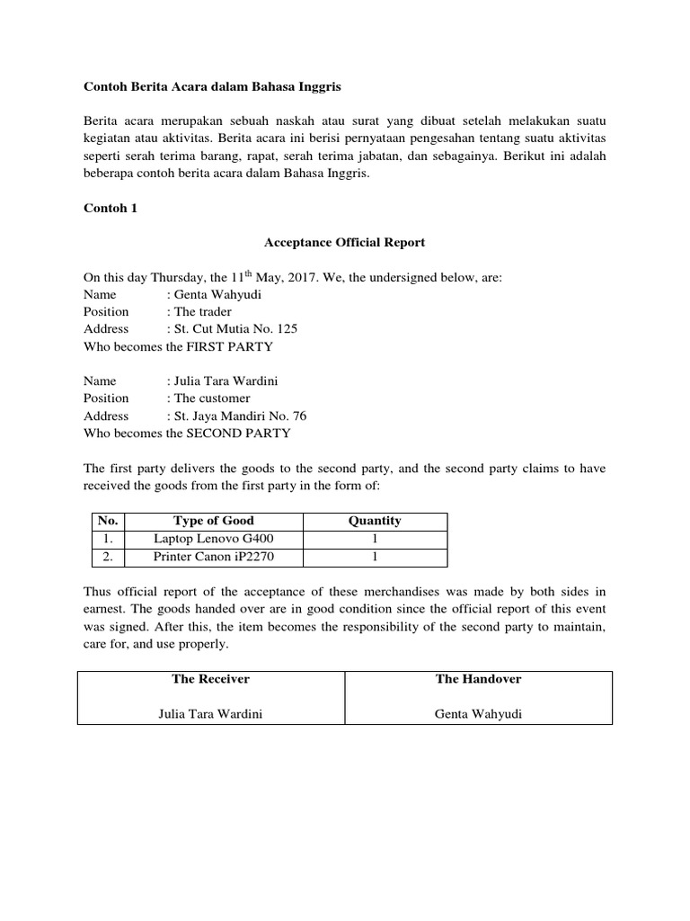 Contoh Berita Acara Dalam Bahasa Inggris 1