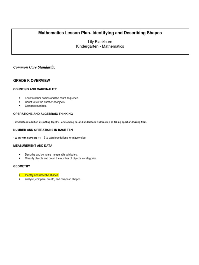 Kindergarten Shapes Lesson Plan | PDF | Shape | Educational Assessment