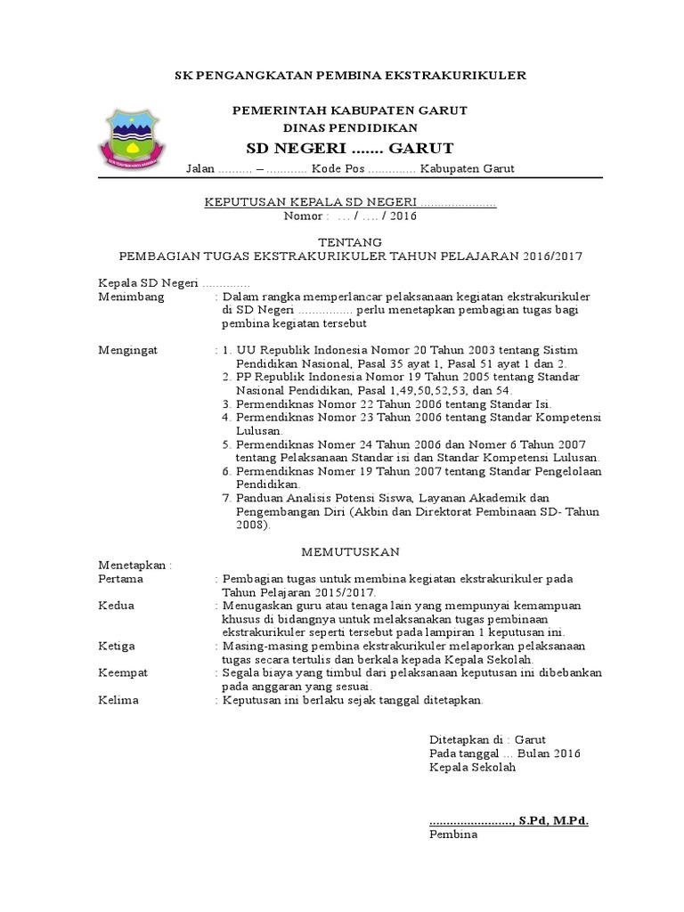 Sk Pengangkatan Pembina Ekstrakurikuler Sd Doc